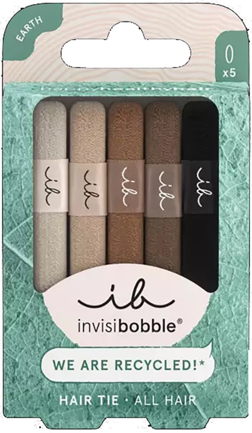 Set of five earth-tone hair ties in recyclable packaging by Invisi Bobble that is against plastic waste.