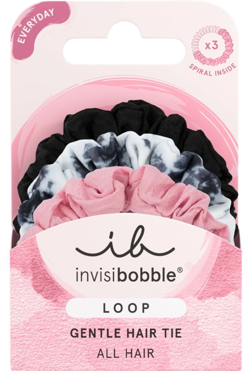 Pack of three gentle hair ties in pink, gray, and black, for all hair types, with spiral inside for grip.