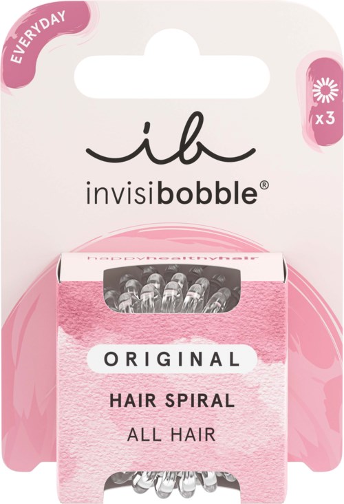 A pink and white package holding invisible hair bobbles for all hair types, labeled 'Original Hair Spiral' and 'Everyday' use.