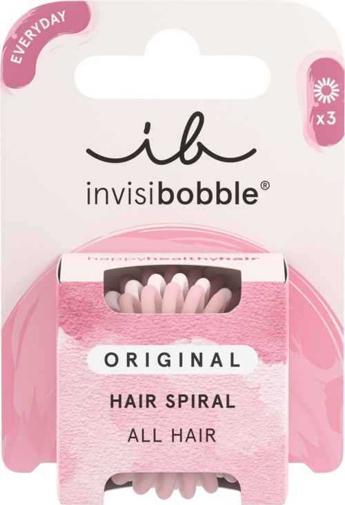 Ett paket Invisibobbles hårspiraler, märkt för alla hårtyper, i rosa och vitt, med stor text.