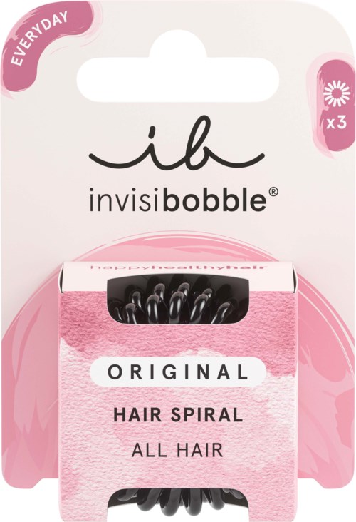 Kleine Schachtel mit schwarzen Haarspiralen, rosa und weiße Verpackung, erwähnt originale Haarspirale, geeignet für alle Haare.