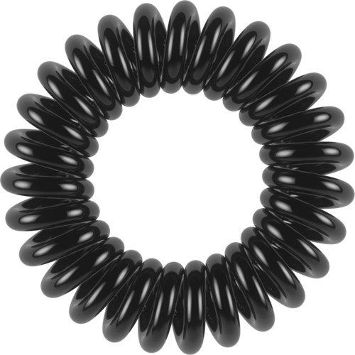 Ein schwarzes, spiralförmiges Haargummi mit glänzender Oberfläche.