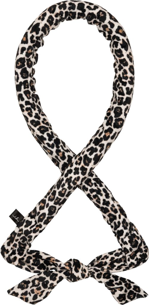 A leopard print scarf tied in a loose knot, designed for fashion or warmth.