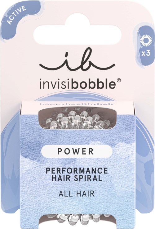 Packaging for invisibobbles, active performance hair spirals suitable for all hair types, with a Power label. Contains three sets.