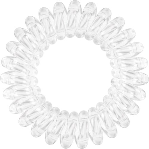 A clear plastic hair tie with multiple loops arranged in a circle.