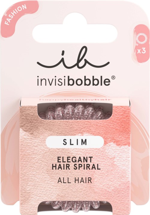 Packaging of invisible hair spiral for all hair types, labeled slim and elegant, in pink and white colors.