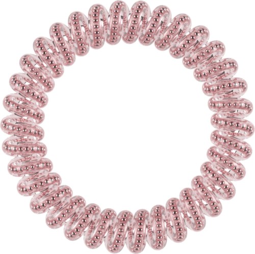 A pink spiral hair tie with small silver beads wraps into a circle.