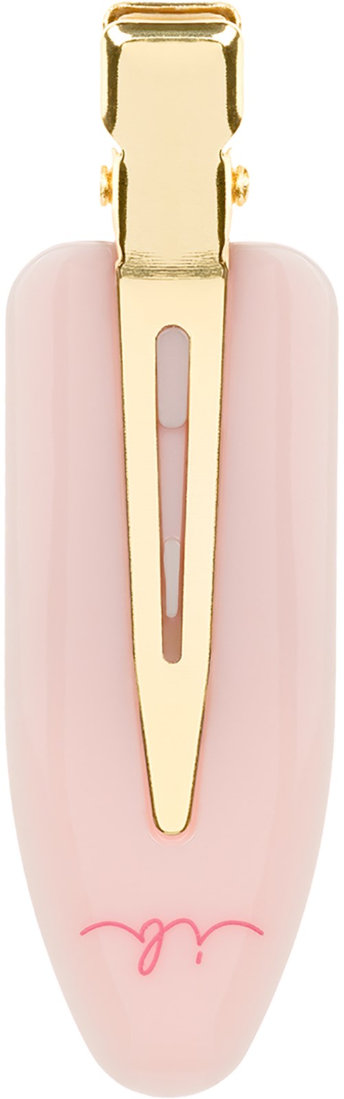 A pink hair clip with gold clasp and a small pink decorative mark at the bottom.