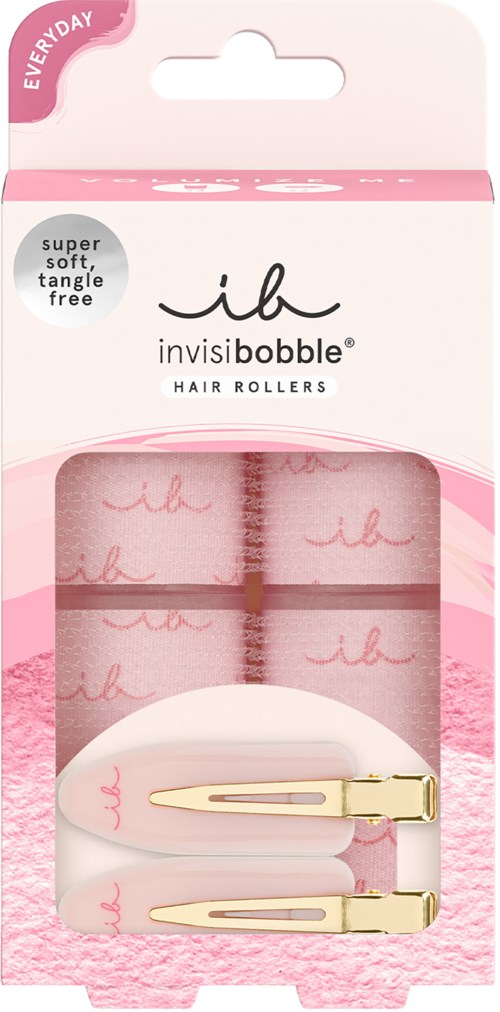 Pink hair rollers with gold clips in a clear box, labeled "invisibobble" and "everyday".