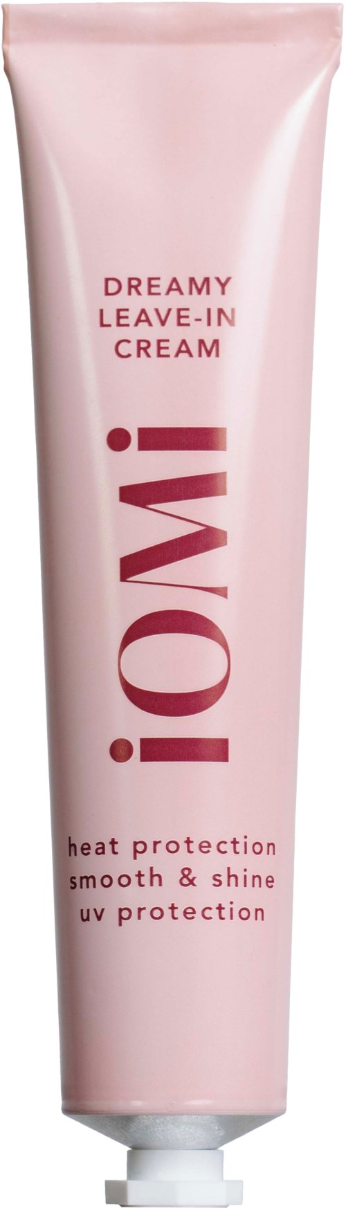 A pink tube of leave-in cream for hair, offering heat protection and shine.