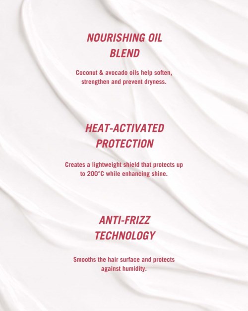 Text describing hair care benefits: nourishing oils, heat protection, anti-frizz technology, and moisture defense.