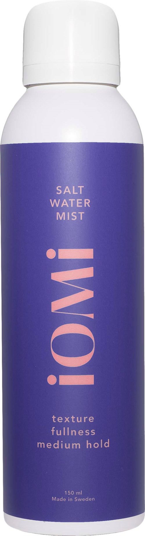 A white and purple spray can with text for salt water mist, mentioning texture, fullness, and medium hold.