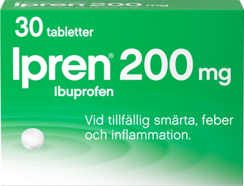 The image shows a green box of Ipren 200 mg tablets, used for pain, fever, and inflammation. It contains 30 pills.
