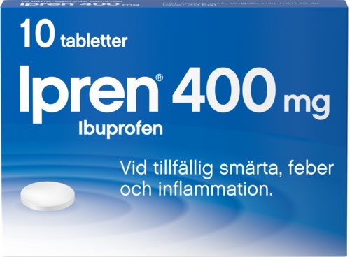 A blue box of Ipren 400 mg tablets, contains 10 tablets for pain, fever, and inflammation.