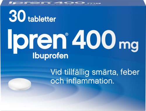 Blue medicine box with white text. It contains 30 tablets called Ipren 400 mg, used for pain and fever.