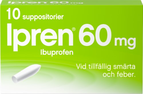 Box of Ipren 60 mg pills, 10 suppositories, relieves pain and fever.