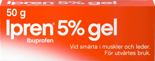 Box of Ipren gel for muscle and joint pain, contains 50g, with 5% ibuprofen. Used for external pain relief.