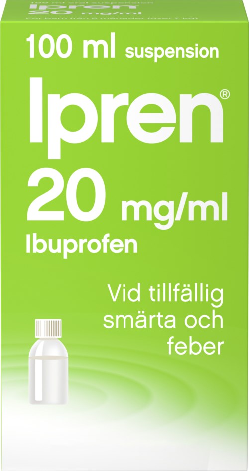 Green box with white text for ibuprofen medicine, indicating it is a suspension for pain and fever.