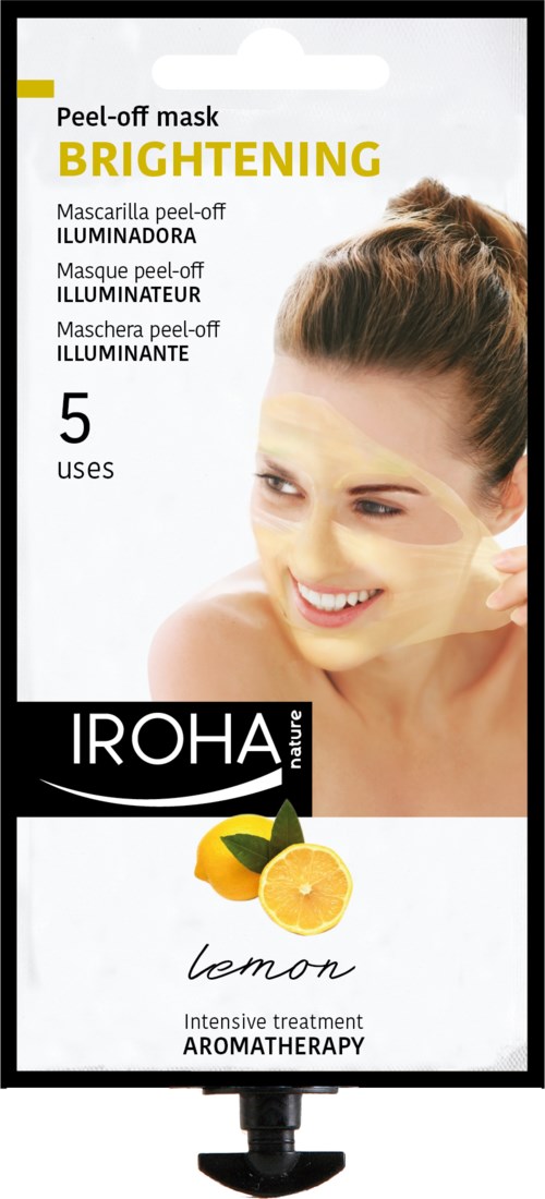 Een vrouw met een heldere huid gebruikt een verhelderende peel-off masker, citroen geur, voor huidverzorging. De verpakking toont de kenmerken van het product.