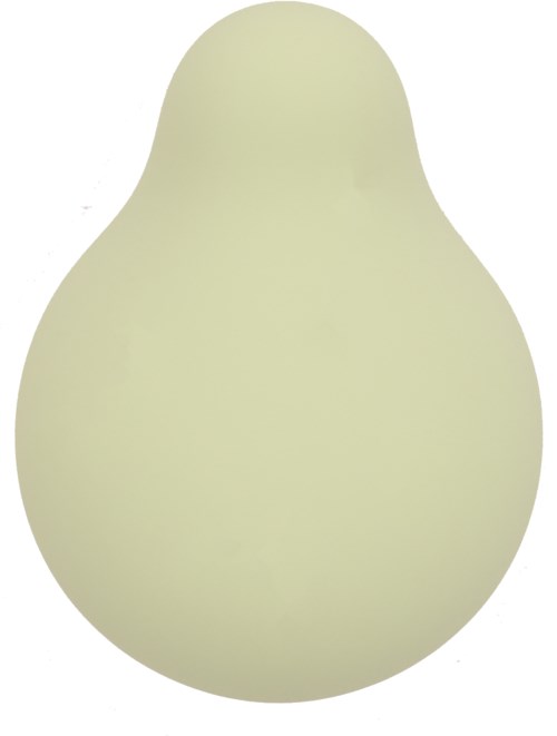 Ein kleines, blassgelbes birnenförmiges Objekt mit abgerundeter Spitze und breiterem Boden.