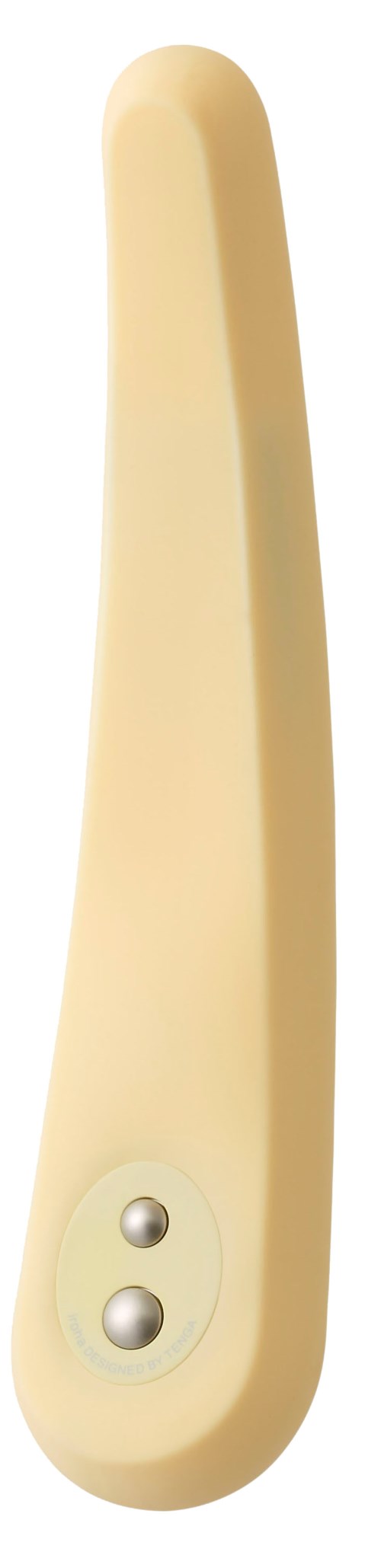 Beige elektrischer Gesichtsmassagegerät mit zwei silbernen Knöpfen, lang und gebogenes Design für Hautpflege.