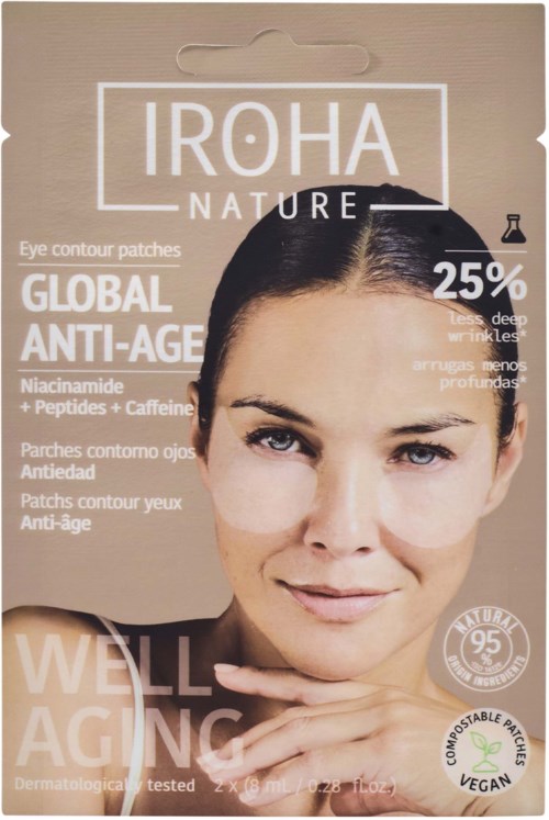 Verpakkingsontwerp voor Iroha Nature oogpatches, bevordert anti-aging, met een vrouwelijk gezicht en claims voor diepe rimpelvermindering.