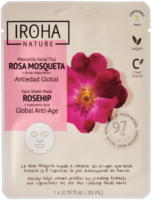 Een gezichtsmaskerverpakking met roze bloemillustratie, bevordert veganistische, natuurlijke ingrediënten en anti-aging voordelen.