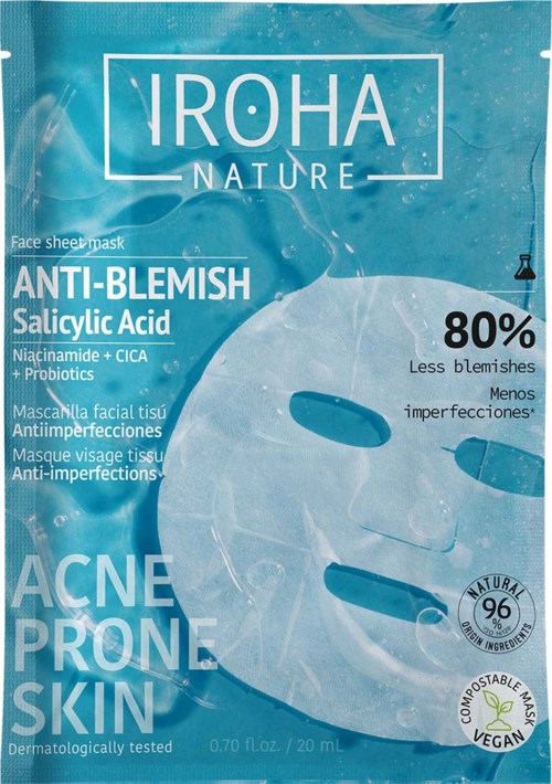 Een blauw gezichtsmasker met ingrediënten en claims over vermindering van onzuiverheden en gericht op acne-gevoelige huid. Rhinestone-details.