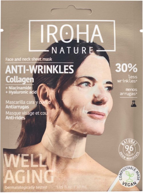 Een vrouw met donker haar en lichte huid promoot een anti-rimpel collageenmasker voor goed ouder worden, natuurlijk, veganistisch, getest product.