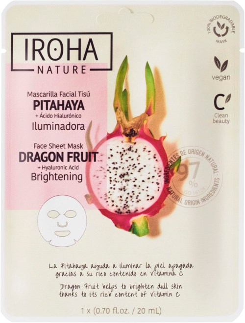 Gezichtsmaskerverpakking met illustratie van drakenvrucht en productdetails, die natuurlijke ingrediënten en verhelderende eigenschappen benadrukken.