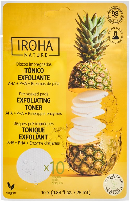 Gelevert in een gele verpakking met ananasvellen, een ananas en tekst over exfoliërende toner met enzymen en zuren.