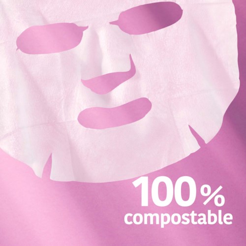 Een illustratie van een gezichtsmasker met de tekst '100% compostable' in wit, op roze achtergrond.