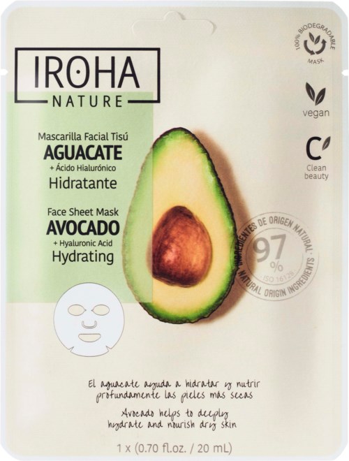 Gezichtsmasker met avocado illustratie, bevordert hydratatie en verzorging voor een droge huid.