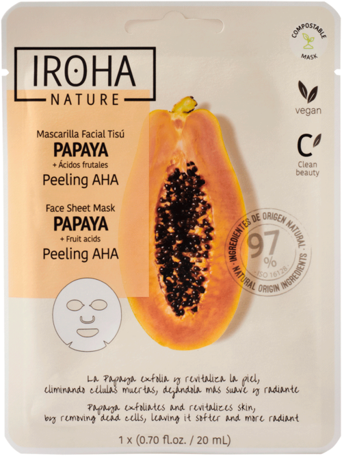 Een gezichtsmaske met een gesneden papaya met zwarte zaden, die natuurlijke ingrediënten en schoonheidsvoordelen benadrukt.