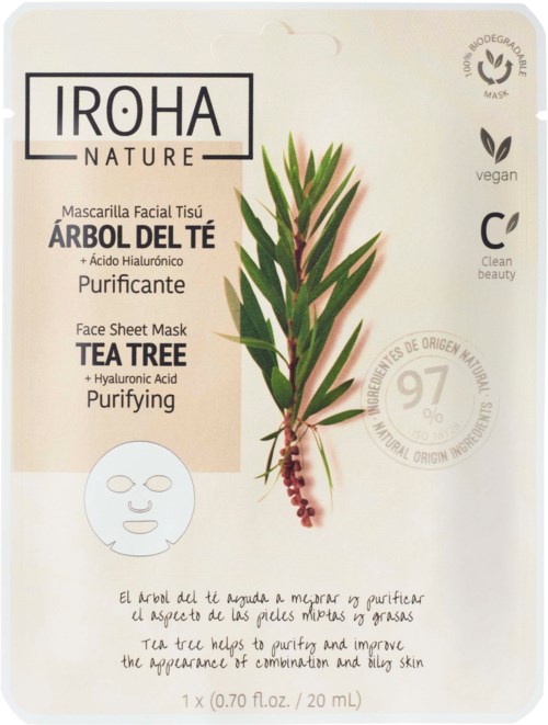 Een gezichtsmaskerverpakking met een grote boomillustratie, die natuurlijke ingrediënten en voordelen voor huidzuivering toont.