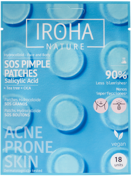 Blauwe verpakking met tabletten, behandelt acne, vegan, 18 eenheden, met salicylzuur en tea tree.