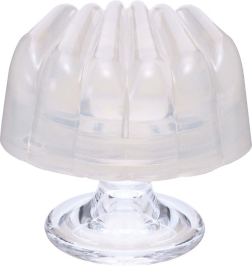 A clear, plastic, flower-shaped container with a stand. Looks like a decorative item or a small display piece.