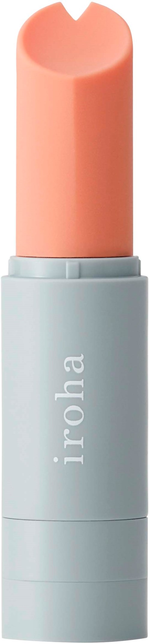 Ein rosa Lippenbalsam mit grauem Boden und dem Markennamen 'iroha'.