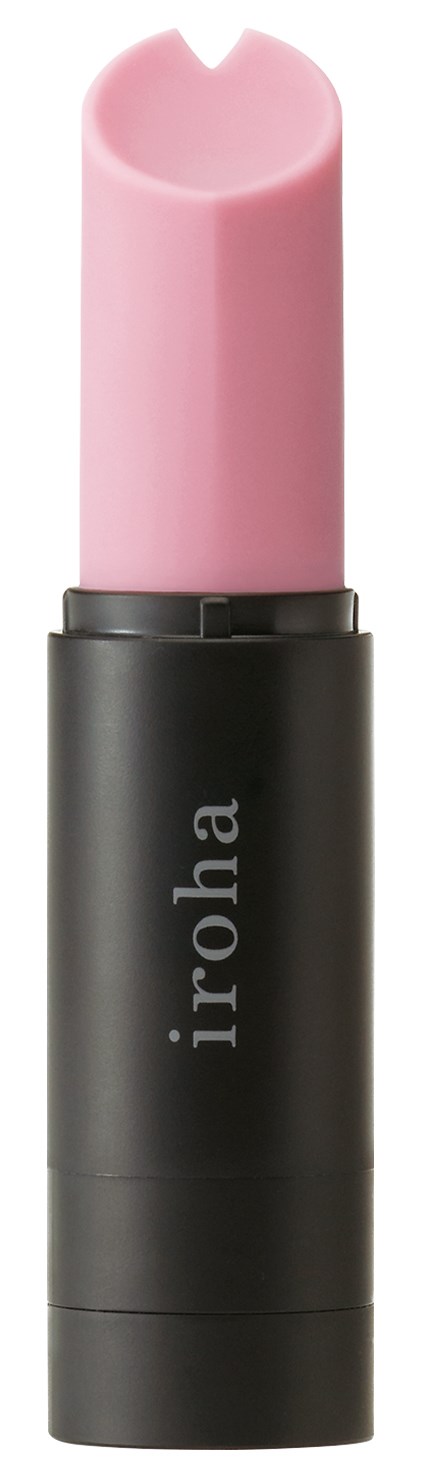 Pink lipstick in a black container with the word "iroha" on it.