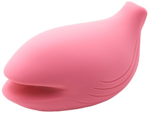 Ein weicher rosa Gegenstand, der wie ein Vogelkopf geformt ist, mit glatten Kurven und einem runden Schnabelteil.