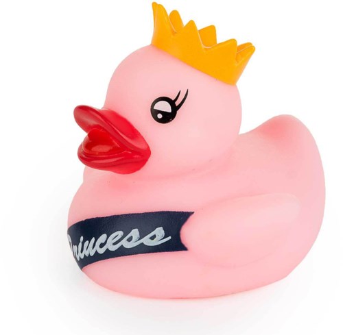 Rosa kumipelle-ankka, jossa keltainen kruunu ja teksti 'prinsessa' vyössä.