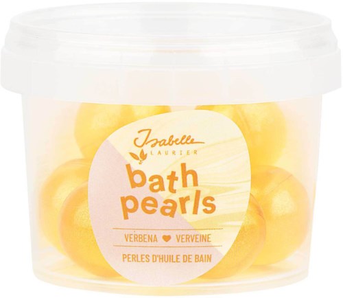En tydlig plastburk fylld med gula badpärlor. Etiketten visar varumärkesnamn, doft och produktdetaljer.