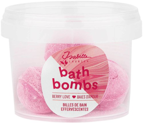 Pinkkejä kylpypalloja läpikuultavassa muovipurkissa, jossa etiketti. Etiketti kertoo nimen ja tuoksun Brooklyn Love.