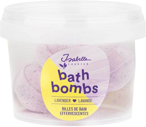 En tydlig plastbehållare med lila och rosa badbomber märkt 'Isabelle Laurier bath bombs' på franska och engelska.