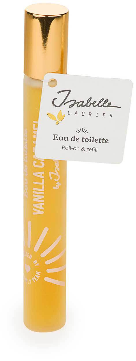 A yellow roll-on perfume bottle with a gold cap and a white tag attached, labeled Isabella LAURIER Eau de toilette.