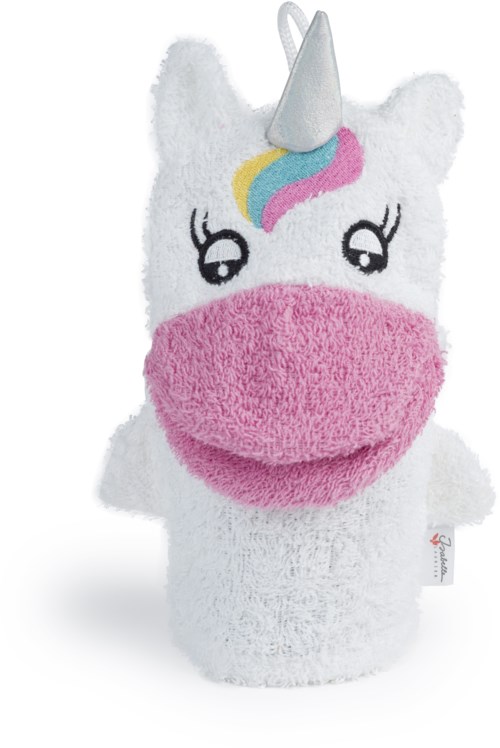 Pehmoinen yksisarvipedilelu, jossa on värikäs harja ja pinkki kuono. Sillä on valkoinen sarvi ja isot silmät.