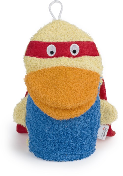 En mjuk leksak som liknar en tecknad figur med stor orange mun, gul huvud, röd mask och blå kropp.