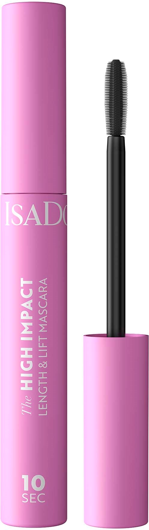 Roze mascara-buis met een zwarte kwast, gelabeld 'ISAD' en 'High Impact Length & Lift Mascara,' 10 seconden.