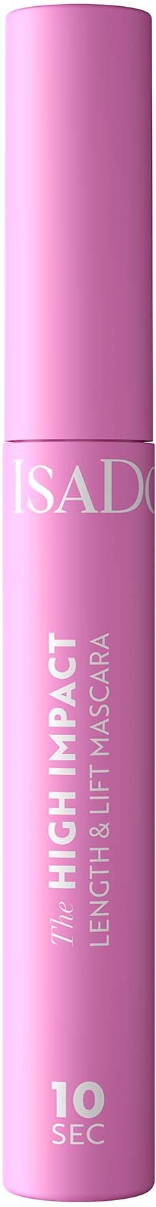 Roze mascara-tube met witte tekst, gelabeld als high impact, verlengt en tilt, blijft 10 seconden.