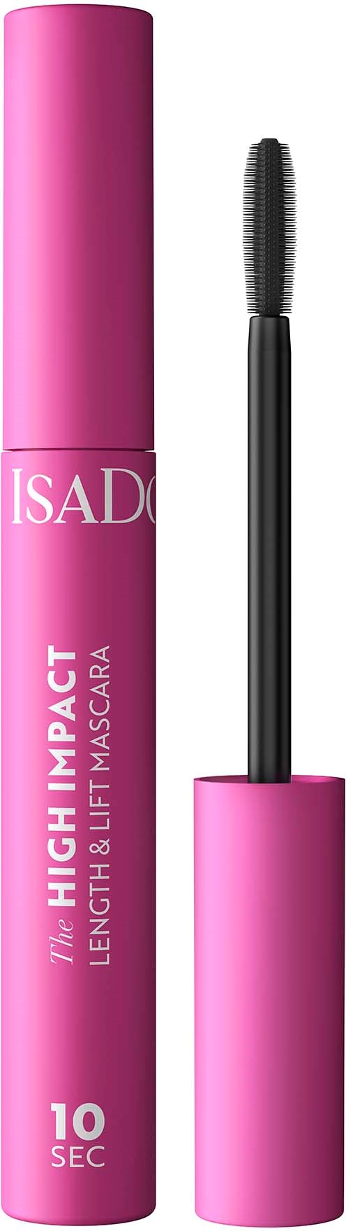 Roze mascara-tube en kwast met zwarte borstel en roze dop.